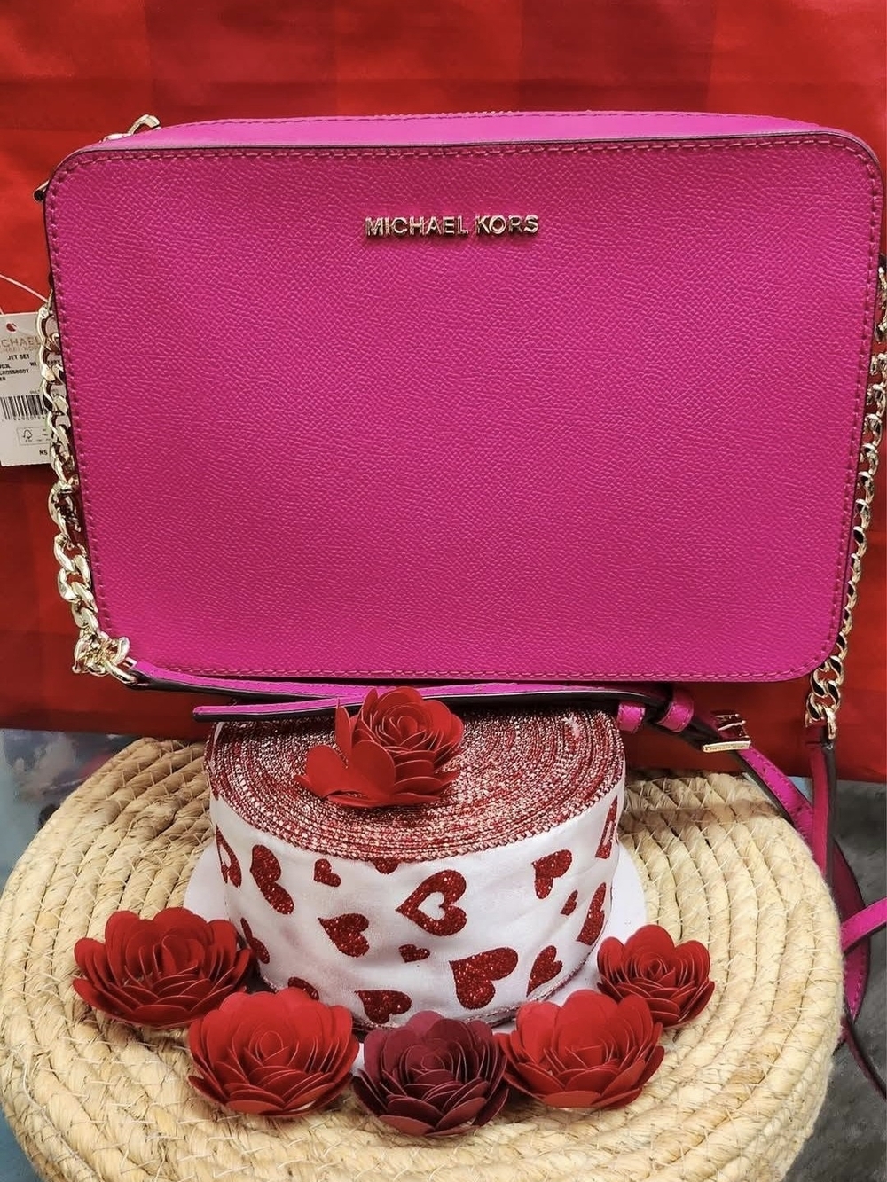 Michael Kors Hot Pink Leather Crossbody with Gold Chain